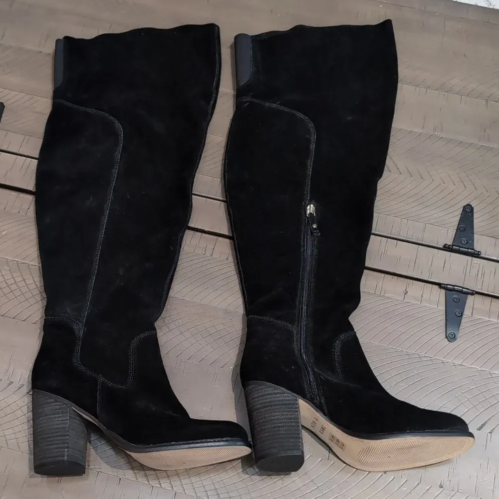 Kelsi Dagger Brooklyn Logan Over The Knee Boots Black Suede Stacked Heel Sz 9.5